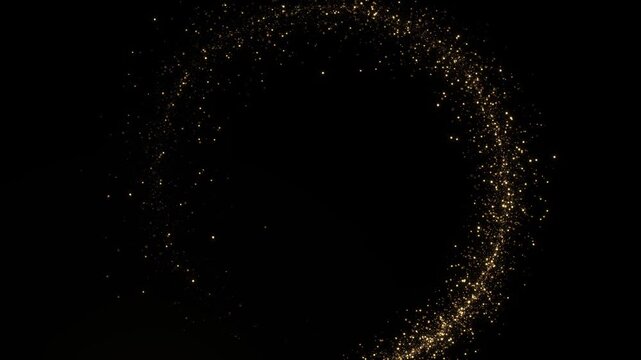 Golden glitter circle loop animation with glowing particles on black background Shining sparkles creating a central circle nice abstract background your logo title. Abstract golden rotating particles.