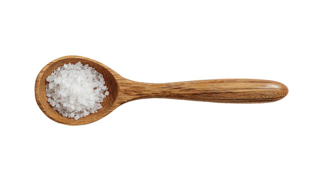 Top view of wooden salt spoon with seasoned salt isolated on a white background - Powered by Adobe