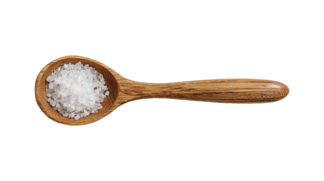 Top view of wooden salt spoon with seasoned salt isolated on a white background