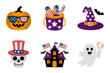 Patriotic halloween icon set with pumpkin sunglasses skull in Uncle Sam hat haunted house witch hat and ghost with sparkler festive vector