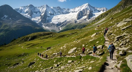 Fototapeta premium Adventurous hikers trek scenic mountain trail with majestic snowy peaks backdrop