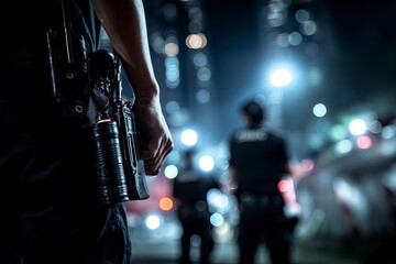 Officer with firearm at night