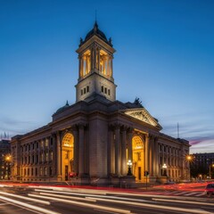 Obraz premium Historic Government Building at Dusk with Light Trails