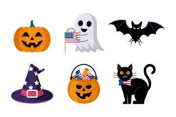 Patriotic halloween symbol set pumpkin ghost and bat with flags witch hat candy bucket and black cat clean vector collection for creatives