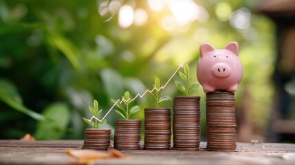 Savings Concept with Piggy Bank on Stacked Coins Surrounded by Green Plants and Chart Line Showing Growth in a Natural Environment