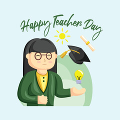 Teacher Day with Bright Cute Cartoon People, Stationery Element and Background