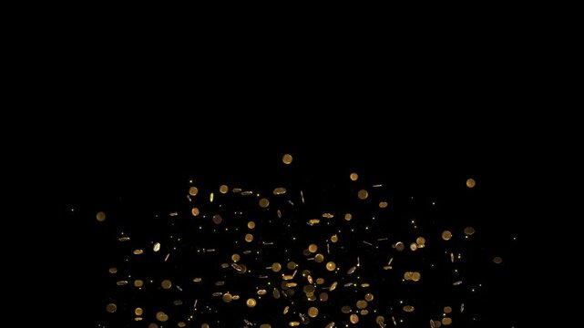 Explosion of shimmering golden coins stars on a black background. wealth, success, prosperity, celebration. visual effects, motion graphics, logo reveals, income investments, income, betting game