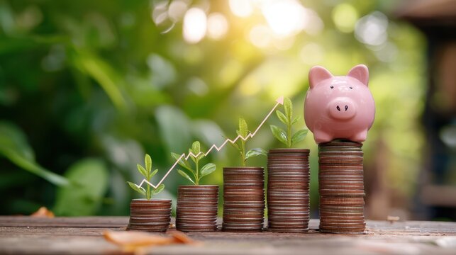 Savings Concept with Piggy Bank on Stacked Coins Surrounded by Green Plants and Chart Line Showing Growth in a Natural Environment