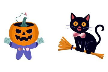 Pumpkin head mascot with bow tie, patriotic outfit, waving pose, black cat on broom, halloween duo, vector illustration, sticker design, white background, kids party graphic