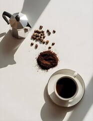 beans, ground coffee, and a cup of black coffee