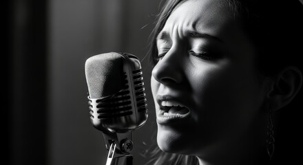 Expressive singer performing with vintage microphone in monochrome, demonstrating passion. Concept for vocal performance, studio recording and dramatic storytelling