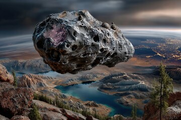 Fiery asteroid entering Earth atmosphere with glowing fragments breaking apart across dramatic night sky.
