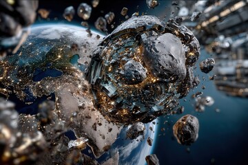 Fiery asteroid entering Earth atmosphere with glowing fragments breaking apart across dramatic night sky.