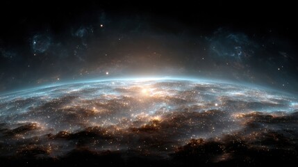Stunning Cosmic View of a Glowing Horizon with Sparkling Stars and Ethereal Gas Clouds in the Depths of Space Captured in High Resolution
