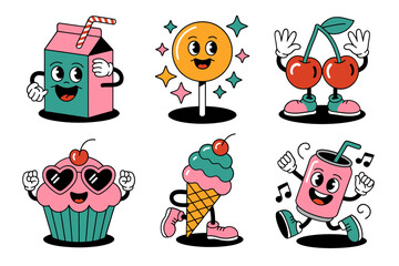 Happy snack characters collection, cupcake with sunglasses, soft serve ice cream, dancing drink box, playful mascot set, kawaii vector for kids products