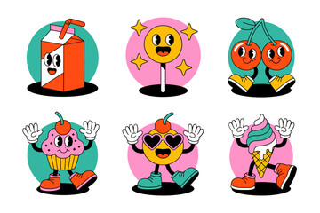 Funny food friends characters, milk carton donut lemon orange cupcake ice cream and soda, dancing poses on circles, kawaii vector for branding