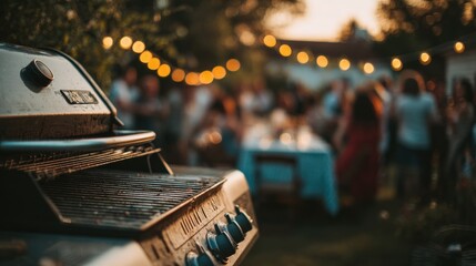 Outdoor barbecue gathering with twinkling lights and warm atmosphere in evening