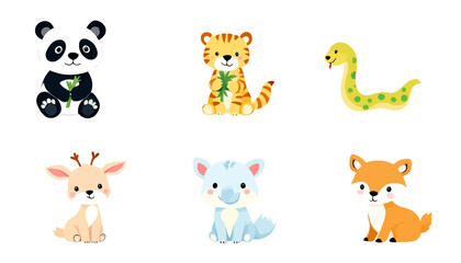 Fototapeta premium A collection of adorable cartoon animals, including a panda, tiger, snake, deer, koala, and fox, presented in a vibrant, colorful vector format perfect for children's designs and educational