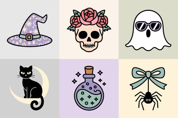 Pastel halloween icons set, skull with roses, witch hat with buckle, ghost sunglasses, black cat sitting, potion vial, ribbon bow, spider, vector