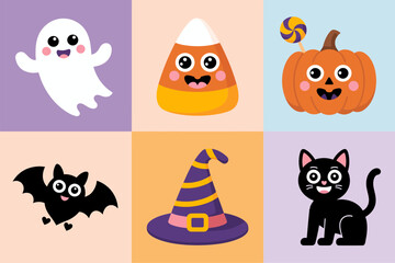 Obraz premium Halloween icons collage, ghost candy corn pumpkin bat witch hat cat, colorful tile layout, cartoon vector set, kids decor, flat style, social media template, printable art