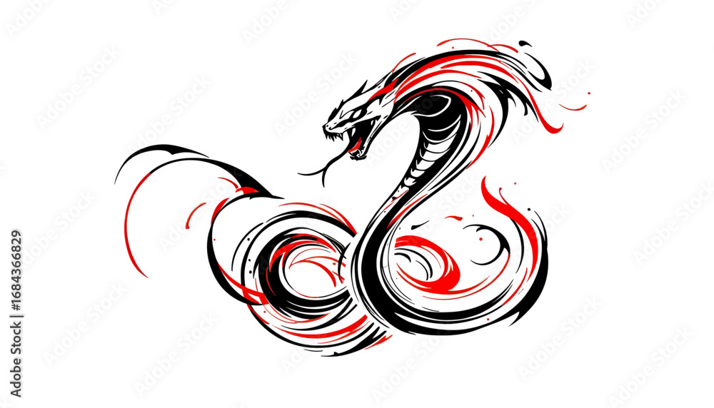 Poster a striking vector illustration features a snake with dynamic red and black brushstrokes, creating a 