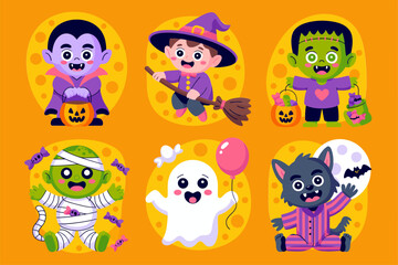 Trick or treat kids set, vampire witch frankenstein mummy ghost black cat, orange party background, cute cartoon characters, vector illustration, poster design, sticker collection