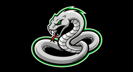 Fototapeta premium Stylized white cobra snake illustration with green accents, coiled and ready to strike, perfect for gaming or esports logos.