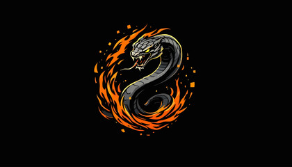 A stylized vector illustration depicts a snake engulfed in flames against a dark background, suitable for graphic design and digital artwork projects.