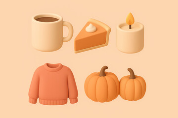 Colorful autumn objects including coffee, pie, candle, sweater, and pumpkins&mdash;great for cozy fall atmosphere, Thanksgiving visuals, and seasonal content creation.