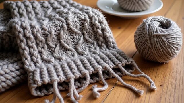 Cozy handmade knit scarf with intricate cable pattern and soft yarn on a wooden surface