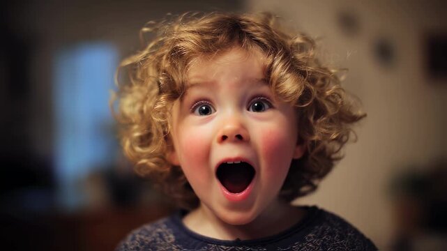 Medium framing of a childs excited expression mouth open in awe with the rest of the room softly blurred to highlight youthful wonder.