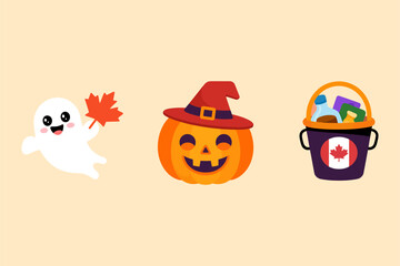 Canadian Halloween scene, ghost with maple leaf, pumpkin wearing hat, candy bucket, soft background, cute seasonal design, vector banner, social template