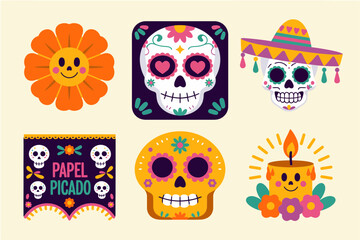 Dia de los Muertos icons, marigold and sugar skulls, sombrero, papel picado banner, pan de muerto, candle, bright palette, vector collection