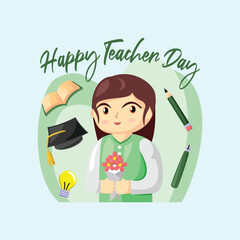 Teacher Day with Bright Cute Cartoon People, Stationery Element and Background