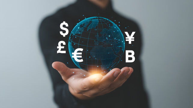 Global currency exchange concept with a digital globe held in a palm