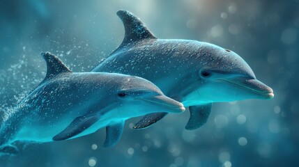 Fototapeta premium Two dolphins swim gracefully in a shimmering underwater scene, surrounded by bubbles and soft light, showcasing their playful nature.