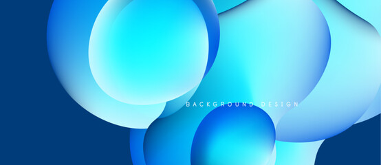 Abstract blue shapes overlap creating dynamic background. Smooth gradients suggest fluid motion, modern design aesthetic.