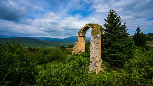 Ancient stone archway ruins stand against a vibrant green landscape under a dramatic cloudy sky