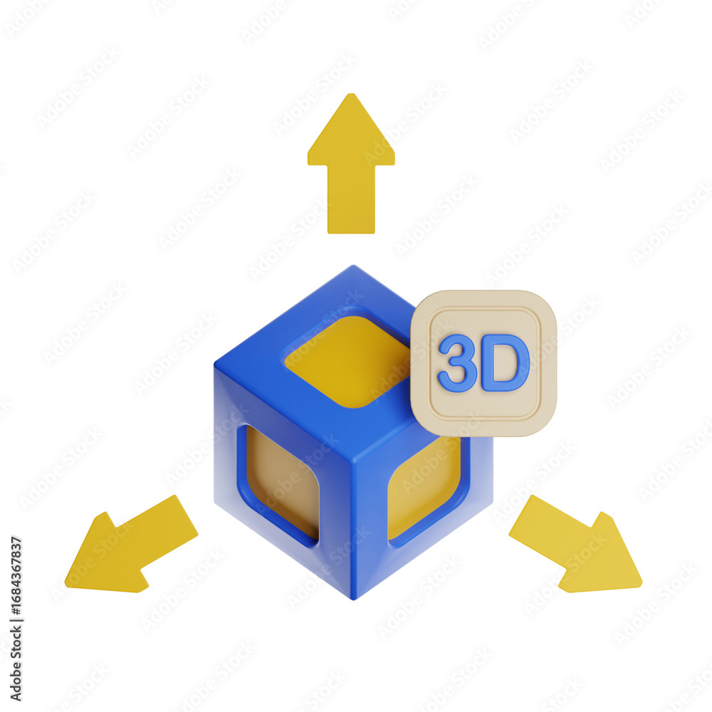 Poster 3d cube with arrows pointing in different directions on transparent background