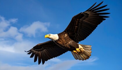 Fototapeta premium Majestic bald eagle soaring against a vibrant azure sky dotted with fluffy white clouds.