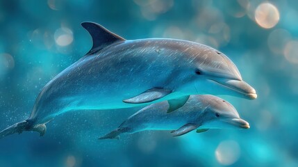 Fototapeta premium A serene underwater scene featuring two dolphins swimming gracefully in clear blue water, illuminated by soft light reflections.