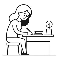 Woman Sitting At Desk Writing With Books And Plant On White Background girl person