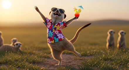 A happy meerkat wearing sunglasses and a colorful shirt dances with joy