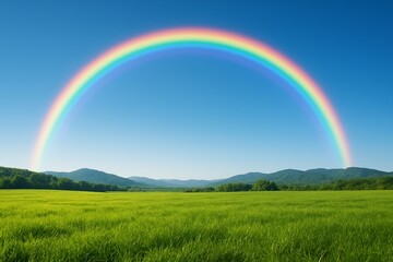Obraz premium Vibrant Rainbow Over a Serene Green Meadow