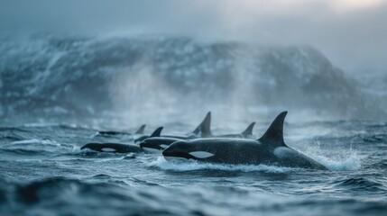 Fototapeta premium A pod of orcas swims through the ocean, creating splashes against a misty backdrop of rugged landscapes.