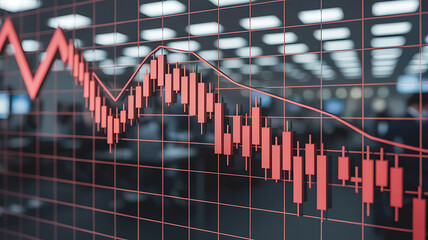 Red bearish stock market chart showing a sharp decline in prices with a blurred background of trading floor lights