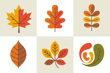 Autumn leaves icon set, maple oak fall foliage, square tiles layout, seasonal nature clipart, vector illustration, thanksgiving decor, rustic botanical design