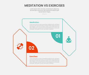 meditation vs exercise infographic outline style with creative rectangle arrow opposite direction 2 point comparison template with for slide presentation