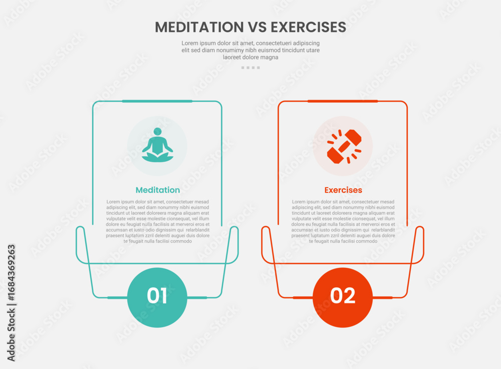 Aufkleber meditation vs exercise infographic outline style with creative line box with swirl footer and circle