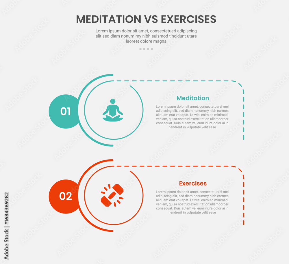 Aufkleber meditation vs exercise infographic outline style with creative circle stack vertical 2 point compari